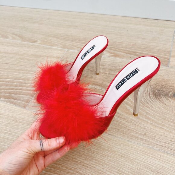 Vintage 1990's/Y2K Bebe Red Feather Heeled Mules - Picture 1 of 8
